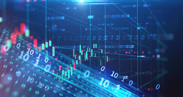 pantalla de datos de gráfico de bolsa sobre fondo de tecnología - stock market stock ticker board stock market data finance fotografías e imágenes de stock