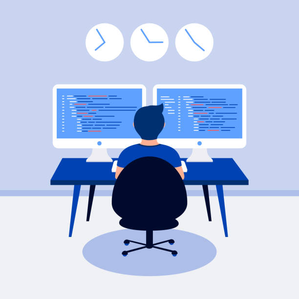 Programming design concept. Programming design concept. Programmer working. Man and 2 laptop screen with program code. Trendy flat style. Vector illustration. computer programmer illustrations stock illustrations