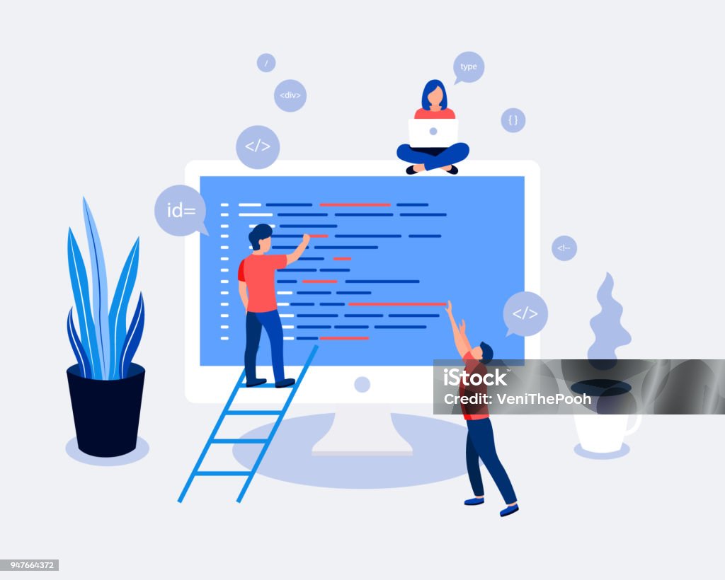 Programmers coding and correct errors in project. Programmers coding and correct errors in project. Laptop screen with program code. Trendy flat style. Vector illustration. Computer Programmer stock vector