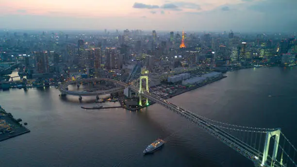Aerial view from Tokyo evening Rainbow Bridge & Tokyo tower , Tokyo Japan