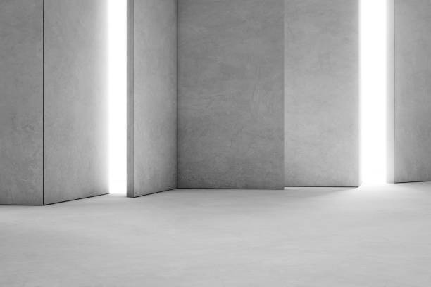 빈 흰색 콘크리트 바닥 및 회색 벽 배경이 현대 쇼 룸의 추상 인테리어 디자인. 홀 또는 단계 3d 그림. - architectural parts 뉴스 사진 이미지