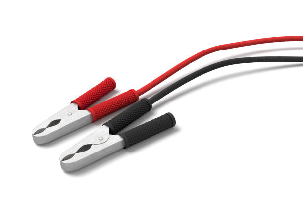 renderização 3d de dois conjuntos de grampos de bateria de carro vermelho e preto ligados a um cabo - lead black cable clamp - fotografias e filmes do acervo