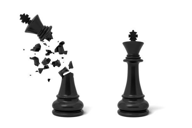 3d rendering von zwei isolierte schwarz schach könige stand in der nähe von einander mit einem von ihnen geknackt und gebrochen - chess king chess chess piece black stock-fotos und bilder