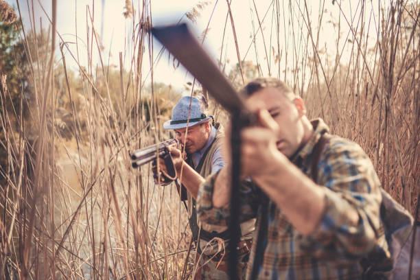 группа охотников, спрятанных в болоте и готовящихся к охоте - hunting two people camouflage rifle стоковые фото и изображения