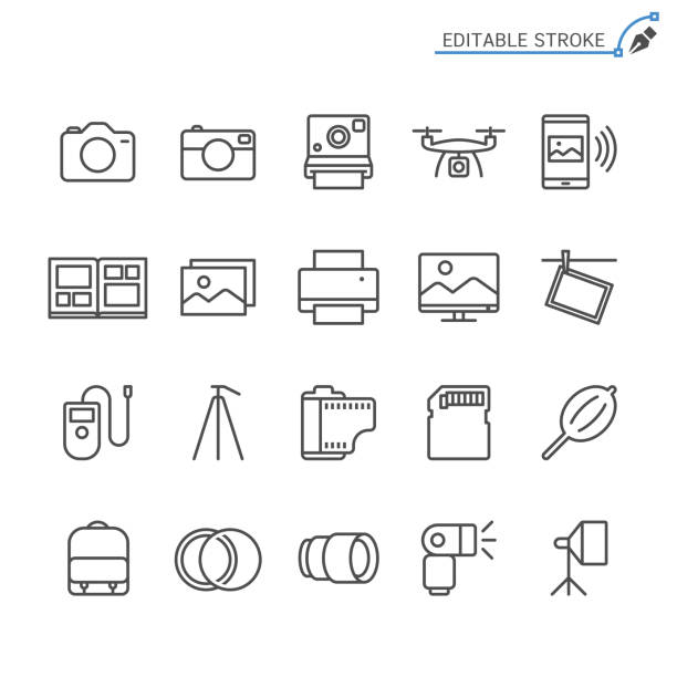 Photography line icons. Editable stroke. Pixel perfect. Simple vector line Icons. Editable stroke. Pixel perfect. digital single lens reflex camera stock illustrations