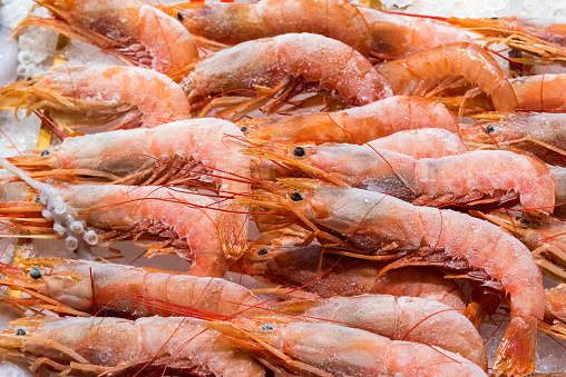 Frozen shrimps for sale at a market in Madrid, Spain