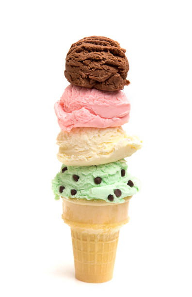 Quadruple Stack of Ice Cream Scoops on a Sugar Cone Quadruple Stack of Ice Cream Scoops on a Sugar Cone scoop shape stock pictures, royalty-free photos & images
