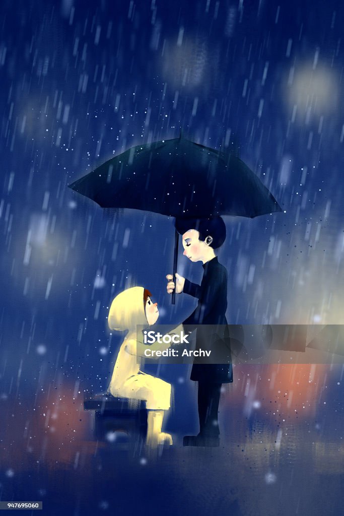 digital painting of boy holding black umbrella in front of yellow raincoat girl, acrylic on canvas texture, story telling illustration Digitally Generated Image stock illustration