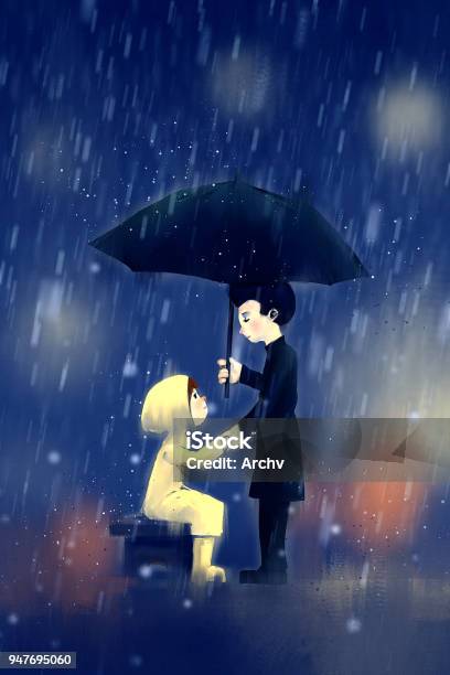 Digital Painting Of Boy Holding Black Umbrella In Front Of Yellow Raincoat Girl Acrylic On Canvas Texture Story Telling Illustration Stock Illustration - Download Image Now