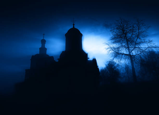 istock Blue church under the moon light background 947695218