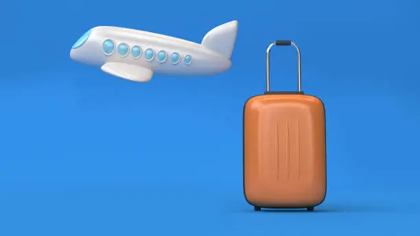 3d plane cartoon style and luggage-bag minimal blue background,going travel transportation concept 3d rendering