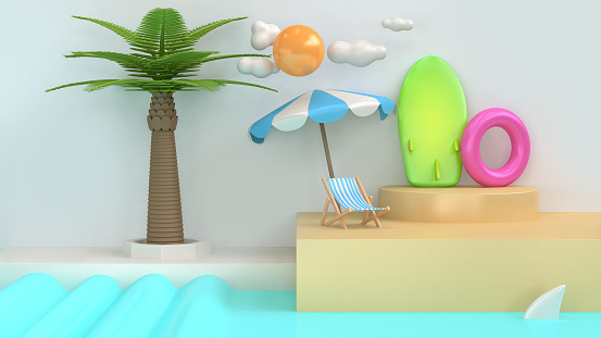 abstract cartoon style sea beach scene coconut-palm tree sun cloud surfboard summer holiday travel sea beach concept minimal 3d rendering