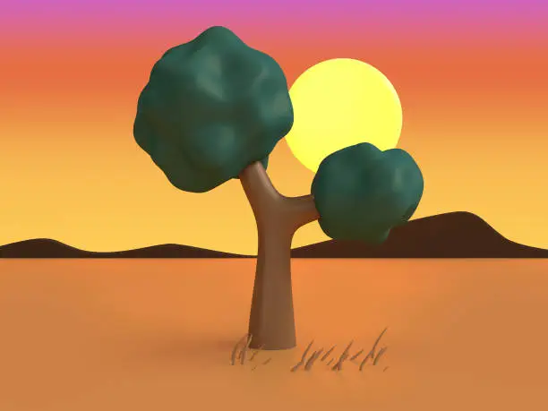 the desert 3d low poly tree sunset nature orange scene cartoon style 3d rendering