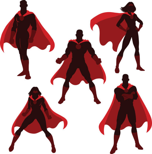 ilustrações de stock, clip art, desenhos animados e ícones de male and female superhero silhouettes - superhero humor men cape