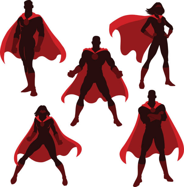 male and female superhero silhouettes five superhero silhouettes in red and brown standing in battle poses woman silhouette illustration stock illustrations