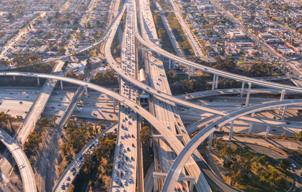 Aerial View of Freeway Intersection in Los Angeles stock photo