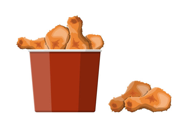 Fried chicken in red bucket. Fried chicken in red bucket. Chicken drumsticks in deep fryer. Fast food concept. Vector illustration in flat style nuggets heat stock illustrations