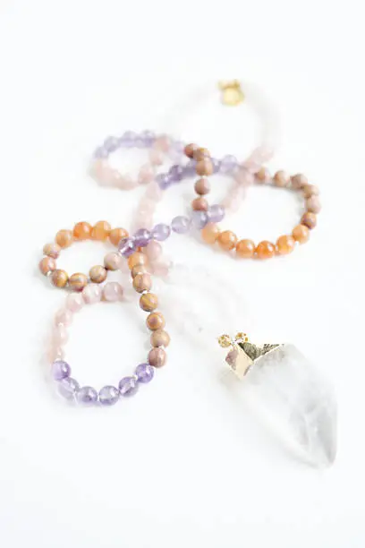 Moonbeam Mala Necklace with rose quartz and crystal.