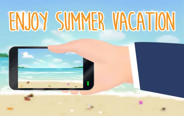 Vector illustration of enjoy summer vacation and smartphone capture beach