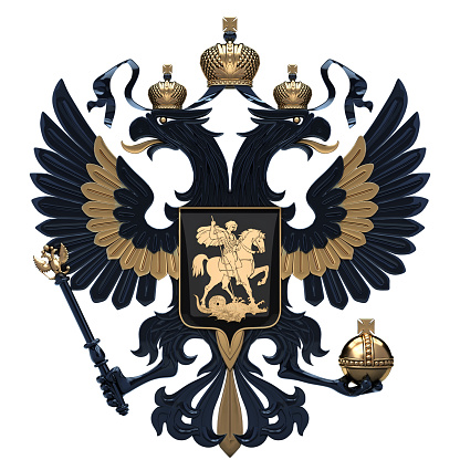 Coat of arms of Russia with two-headed eagle. Black and gold symbol of Russian Federation. 3D render Illustration isolated on a white background.