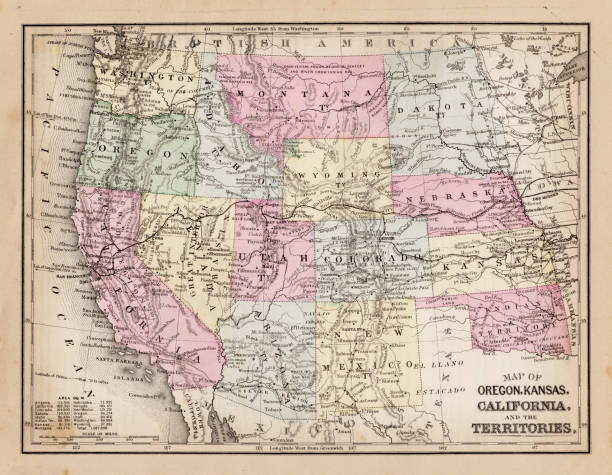 ilustraciones, imágenes clip art, dibujos animados e iconos de stock de mapa de occidental estados 1881 - montana map usa old