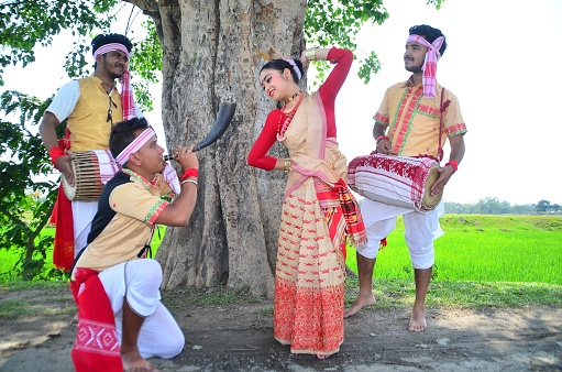 Nagaon,India - 13th April 2018: Youths performs bihu dance on the occasion of Rongali Bihu festival in Nagaon, Assam,India on Friday.
