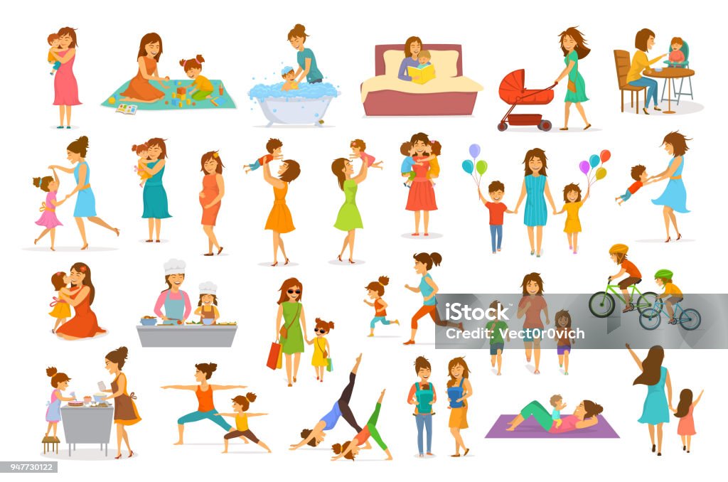 Cute Cartoon Mother And Children Isolated Vector Illustration Scenes Set Mom  With Daughter Son Kids Baby Cook Bake Play Ride Bike Make Exercise Sport  Run Yoga Dance Hug Kiss Walk Shopping Read