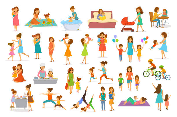 cute cartoon mother and children isolated vector illustration scenes set, mom with daughter son kids baby cook, bake, play ride bike, make exercise sport run yoga dance hug kiss walk, shopping, read book cute cartoon mother and children isolated vector illustration scenes set, mom with daughter son kids baby cook, bake, play ride bike, make exercise sport run yoga dance hug kiss walk, shopping, read book baby play stock illustrations