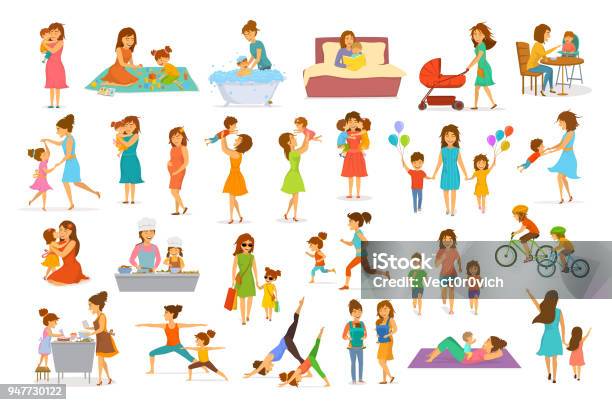 Cute Cartoon Mother And Children Isolated Vector Illustration Scenes Set Mom With Daughter Son Kids Baby Cook Bake Play Ride Bike Make Exercise Sport Run Yoga Dance Hug Kiss Walk Shopping Read Book Stock Illustration - Download Image Now