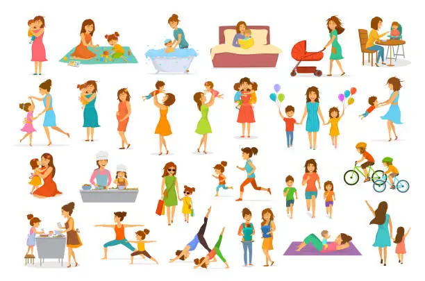 Vector illustration of cute cartoon mother and children isolated vector illustration scenes set, mom with daughter son kids baby cook, bake, play ride bike, make exercise sport run yoga dance hug kiss walk, shopping, read book
