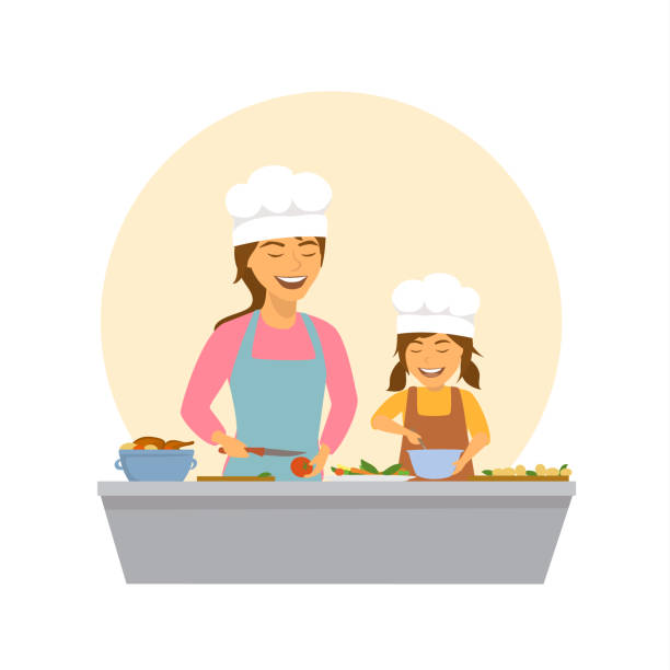 cute smiling mother and daughter cooking together isolated vector illustration scene cute smiling mother and daughter cooking together isolated vector illustration scene domestic kitchen stock illustrations