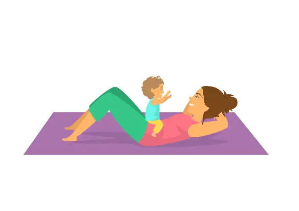 Vector illustration of mother exercising together with her baby,woman doing postnatal workout cute isolated vector illustration scene