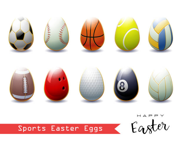 illustrazioni stock, clip art, cartoni animati e icone di tendenza di collezione di diverse uova di pasqua sportive. - basketball competitive sport ball sport