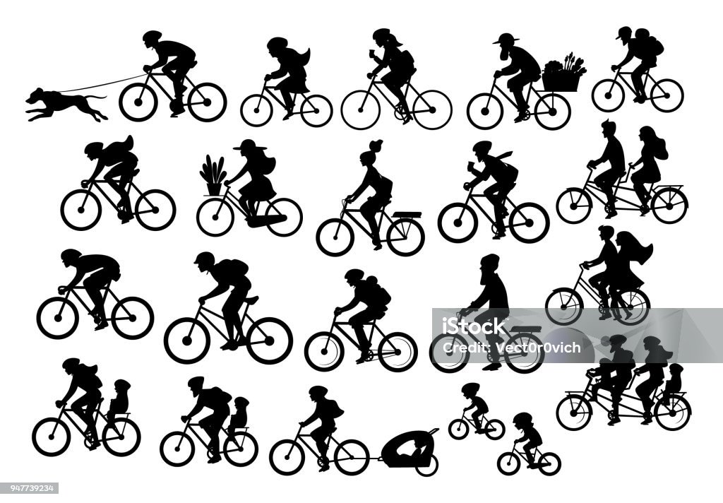 different active people riding bikes silhouettes collection, man woman couples family friends children cycling different active people riding bikes silhouettes collection, man woman couples family friends children cycling to office work, travel with backpacks,bicyle trailers, sport, mountain biking, city drive, in park, leisure outdoor summer spring activities graphics set in black color Cycling stock vector