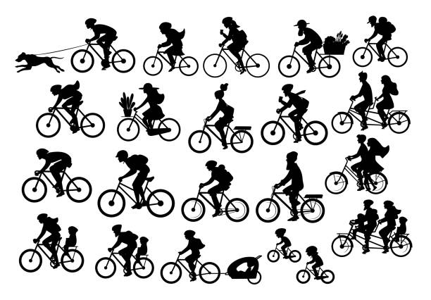 different active people riding bikes silhouettes collection, man woman couples family friends children cycling different active people riding bikes silhouettes collection, man woman couples family friends children cycling to office work, travel with backpacks,bicyle trailers, sport, mountain biking, city drive, in park, leisure outdoor summer spring activities graphics set in black color cycling stock illustrations