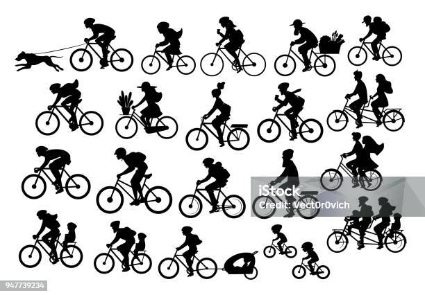 Different Active People Riding Bikes Silhouettes Collection Man Woman Couples Family Friends Children Cycling Stock Illustration - Download Image Now