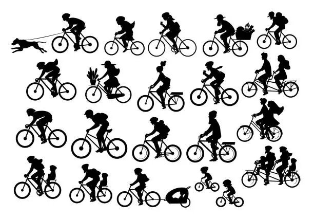 Vector illustration of different active people riding bikes silhouettes collection, man woman couples family friends children cycling
