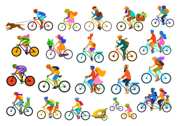 ilustraciones, imágenes clip art, dibujos animados e iconos de stock de brillantes coloridas diferentes personas activas colección de bicicletas del montar a caballo, hombre mujer parejas a niños amigos de la familia ciclismo - velódromo