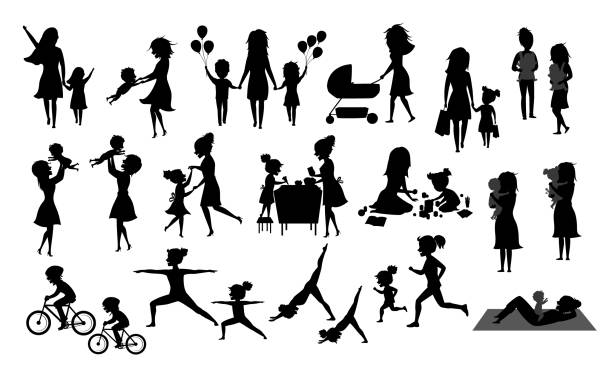 illustrations, cliparts, dessins animés et icônes de mère et enfants ensemble de silhouette, scènes illustration vectorielle isolé dans la couleur noire, maman avec cuisson à bébé fille fils enfants, jeu course moto, faire exercer sport course yoga danse hug kiss marche, shopping - mother baby carriage women walking