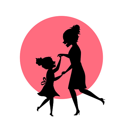 mother and daughter dancing together silhouettes vector illustration scene