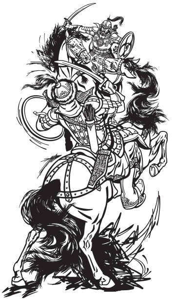 2 몽골 전사 사이 전투 - knight warrior horse independent mongolia stock illustrations