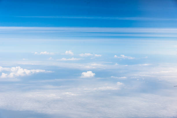 Wing of an airplane flying above the clouds with blue sky. View at the sky from the window of the plane.