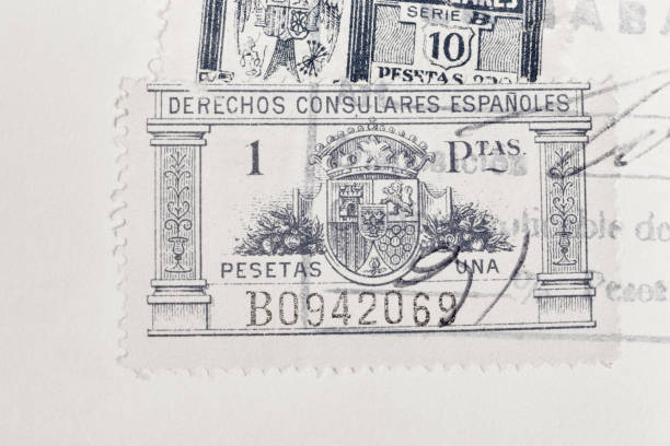 Antique spanish stamps with postmarks. Vintage historic philately. Postal