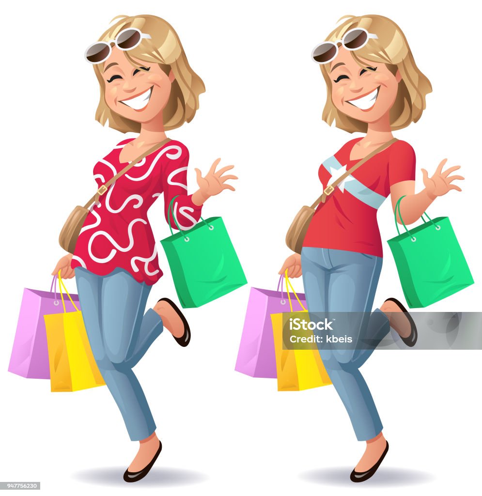 Young Woman Going Shopping Vector illustration of a blonde, smiling young woman wearing casual clothes, going shopping. She is carrying a couple of shopping bags and is waving to the camera. Full Length stock vector