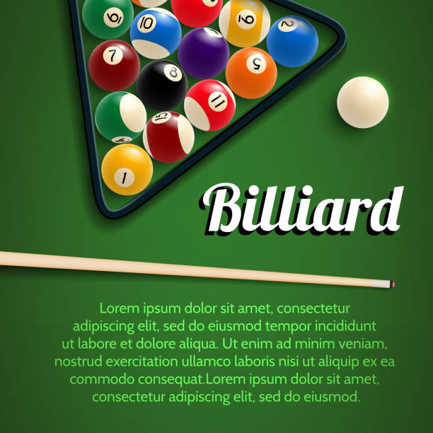ilustrações de stock, clip art, desenhos animados e ícones de billiards 3d poster with green table, ball and cue - sala de bilhar ilustrações