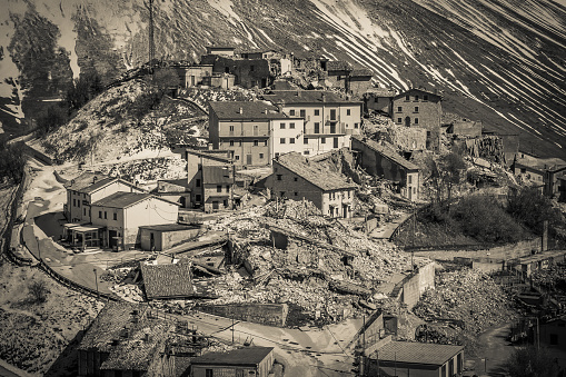 Sad view of Castelluccio di Norcia village destroyed by strong earthquake of central Italy, Europe
