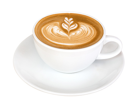 Arte del latte cappuccino café caliente aislado sobre fondo blanco, trazado de recorte incluido photo