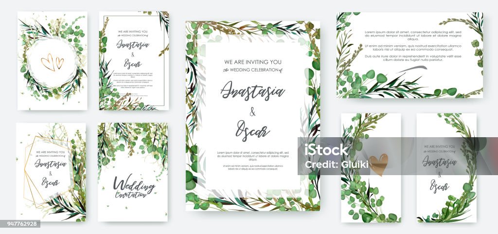 Cadre d’invitation de mariage set ; fleurs, feuilles solated sur blanc. - clipart vectoriel de Bordure libre de droits