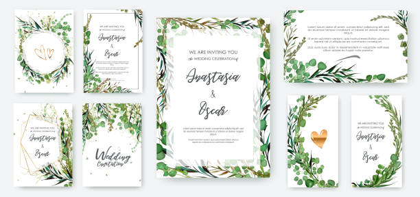zestaw ramek na zaproszenie ślubne; kwiaty, liście nabiał. - gold leaf illustrations stock illustrations