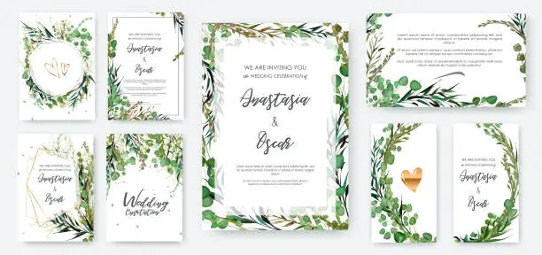 Vector illustration of Wedding invitation frame set; flowers, leaves solated on white.